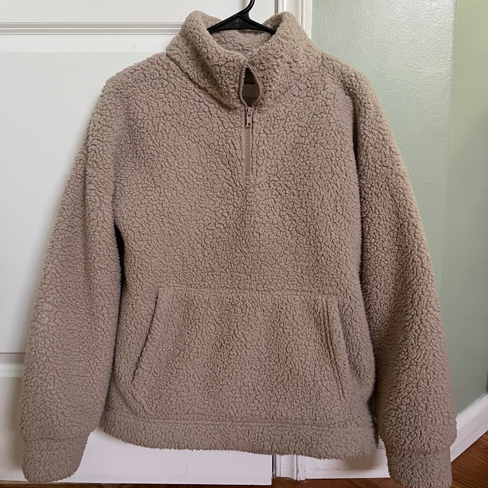 small oversized american eagle light brown teddy quarter zip fleece with pocket
